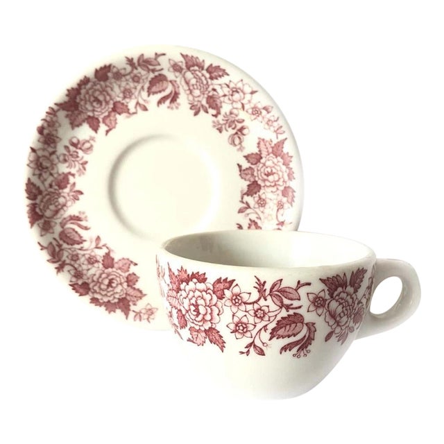 Vintage Jackson China Restaurant Ware Red Flower Teacup Coffee Cup Saucer Set- 2 Pc For Sale