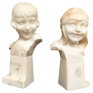 Hand-Carved Boy and Girl Alabaster Bust Set