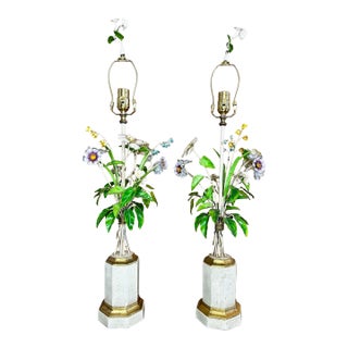 Pair of 1960s Italian Tole Floral Boutique Lamps For Sale