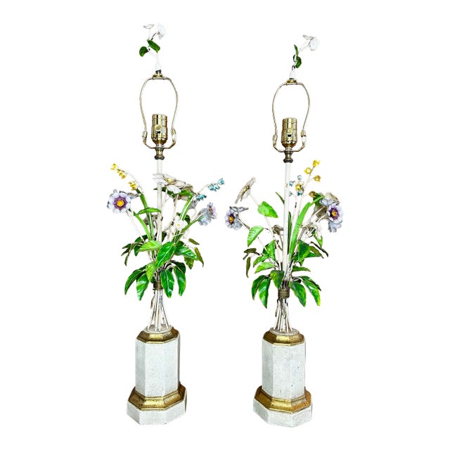 Pair of 1960s Italian Tole Floral Boutique Lamps For Sale