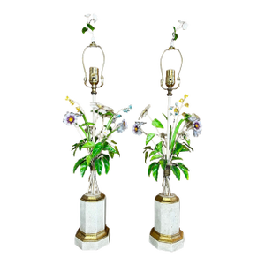 Pair of 1960s Italian Tole Floral Boutique Lamps