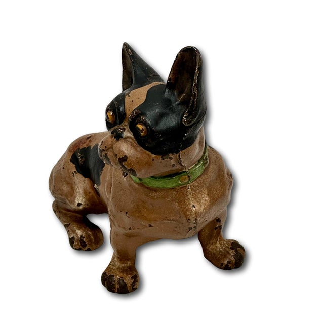 Figurative Vintage 1930s Hubley Manufacturing Co. Cast Iron French Bulldog Doorstop Unusual Green Collar For Sale - Image 3 of 18