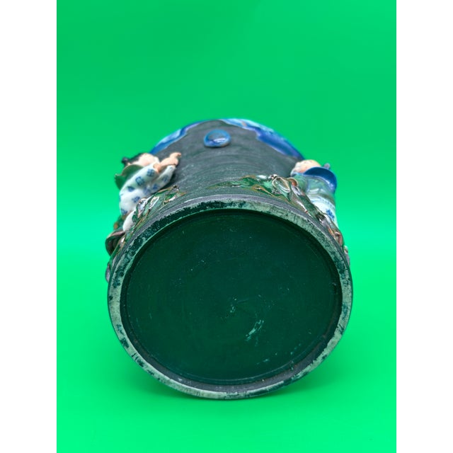 Ceramic Antique Japanese Sumida Gawa Vase Signed Ban-Ni Blue Drip Glaze Figural 5.25” For Sale - Image 7 of 8