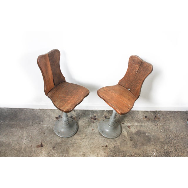 Set of French Cast Iron and Oak Work Chairs For Sale - Image 6 of 6
