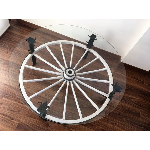 20th Century Glass Top Wooden Wagon White Wheel Accent Spanish Farm Table For Sale In Miami - Image 6 of 7