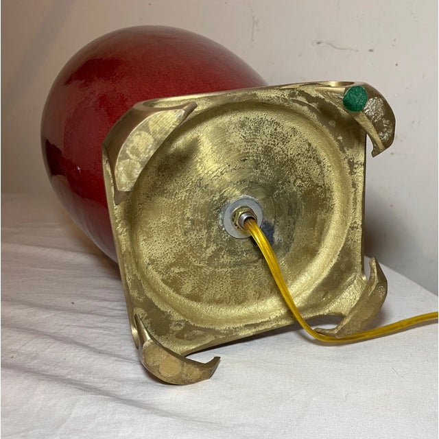Large Modern Handmade Chinese Red Real Oxblood Pottery Brass Vase Table Lamp For Sale - Image 9 of 10