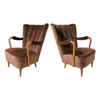 Swedish Designer, Art Deco Easy Chairs, Velvet, Birch, Sweden, 1940s For Sale