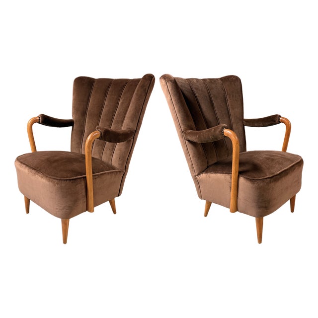 Swedish Designer, Art Deco Easy Chairs, Velvet, Birch, Sweden, 1940s For Sale