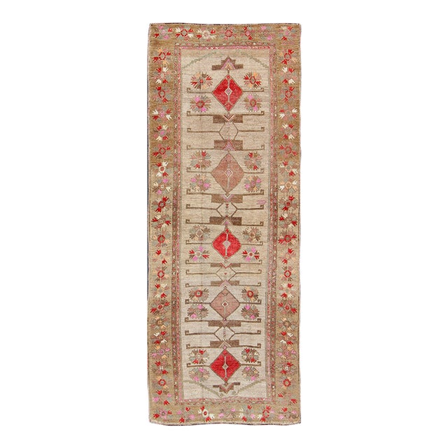 Vintage Unique Oushak Runner With Tribal Designs and Geometric Motifs 4'5 X 11'5 For Sale