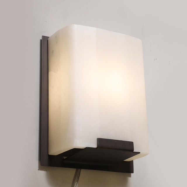 Pair of Modernist Alabaster & Oil-Rubbed Bronze Wall Sconces For Sale - Image 16 of 18