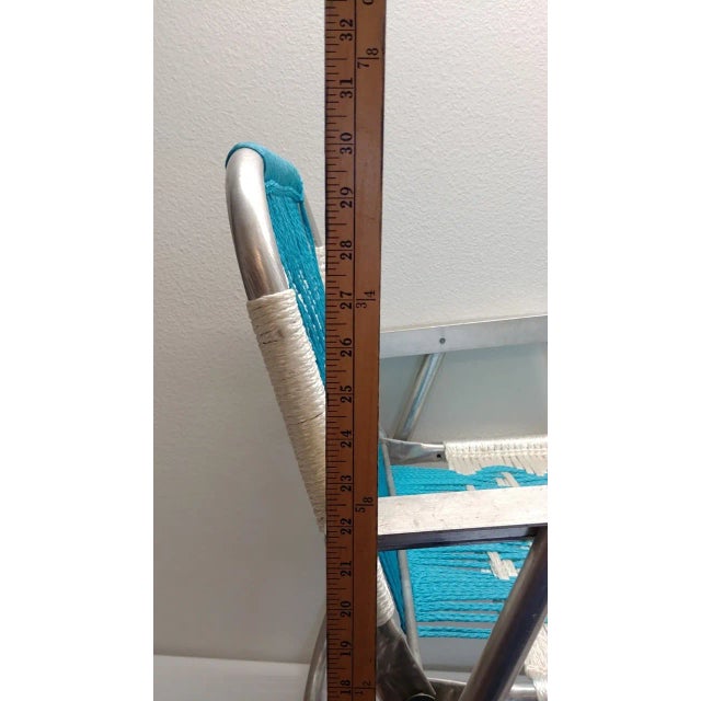 Vintage Macrame Woven Seat Aluminum Folding Lawn Chair For Sale - Image 4 of 10