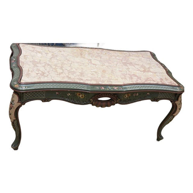 Vintage Painted Italian Venetian-Style Chinoiserie Low Coffee Table With Marble Top For Sale