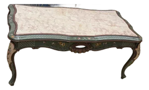 Vintage Painted Italian Venetian-Style Chinoiserie Low Coffee Table With Marble Top