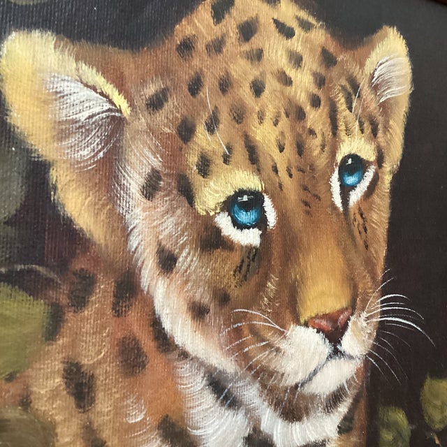 Vintage Wildlife Oil Painting on Canvas "Leopard Cub" Signed Framed For Sale In Chicago - Image 6 of 12