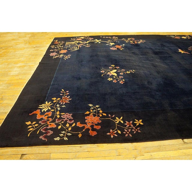 Navy Blue Extraordinarily Sprays of Flower With Butterfly in a Black Background Chinese Art Deco Rug For Sale - Image 8 of 12