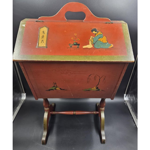 Japanese Vintage 20th Century English Style Red Japanned Hinged Two-Sided Flip-Open Sewing Cabinet For Sale - Image 3 of 18