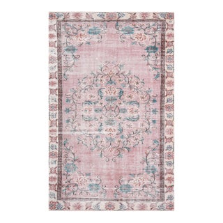 1970s Vintage Turkish Handmade Wool Cotton Pink Area Rug For Sale