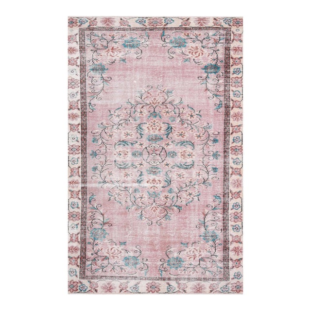 1970s Vintage Turkish Handmade Wool Cotton Pink Area Rug For Sale