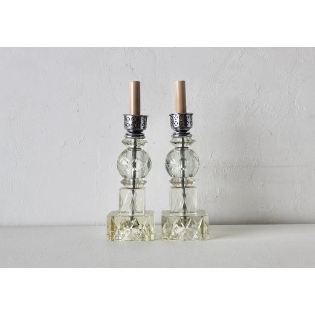 Art Deco Chrome Cut Glass Small Scale Table Lamps Vintage-a Pair For Sale - Image 10 of 13
