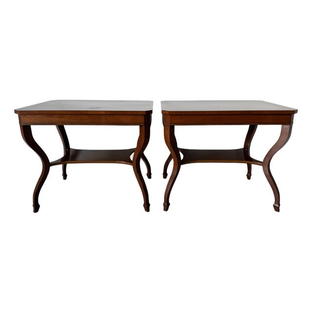 1970's Vintage Baker - Style Mahogany Side Tables With Lower Shelf - A Pair For Sale