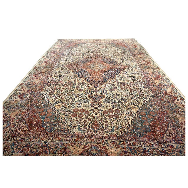 Persian Antique Persian Sarouk Mahajaran Wool 12x19 Ivory, Navy, & Red Oversized Handmade Area Rug #1144059 For Sale - Image 3 of 16