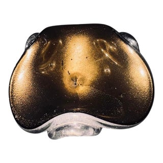 Murano Attributed Valter Rossi Mid-Century Metallic Green & Gold Scalloped Italian Art Glass Dish, c.1960s For Sale