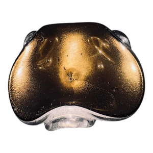 Murano Attributed Valter Rossi Mid-Century Metallic Green & Gold Scalloped Italian Art Glass Dish, c.1960s
