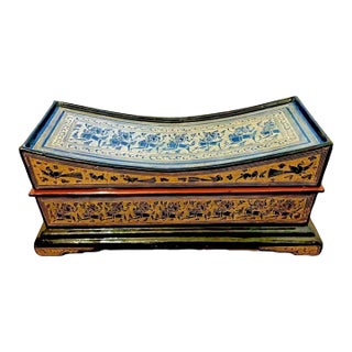 Antique Hand Made Highly Decorated Burmese Gilded Wood Lacquerware Pillow Box For Sale
