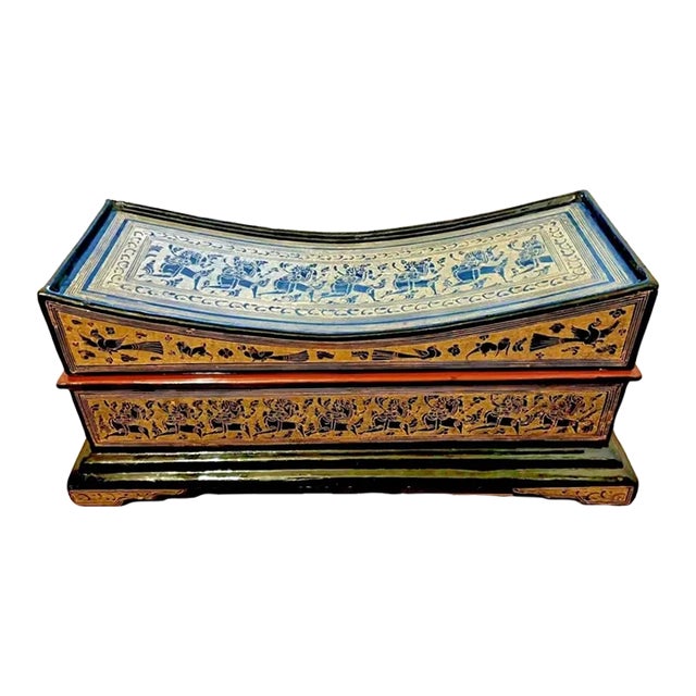 Antique Hand Made Highly Decorated Burmese Gilded Wood Lacquerware Pillow Box For Sale