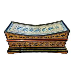 Antique Hand Made Highly Decorated Burmese Gilded Wood Lacquerware Pillow Box