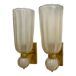 Pair of "Smoke" Murano Glass Sconces on a Brass Base For Sale