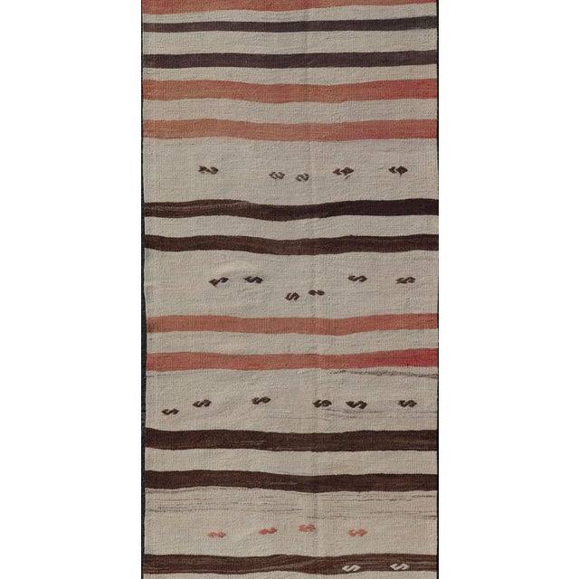 Textile Mid 20th Century Vintage Turkish Kilim Runner With Stripes in Cream Brown & Soft Coral Color For Sale - Image 7 of 11