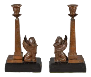 Antique English Egyptian Revival Candlesticks - a Pair