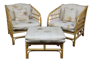 Mid Century Bamboo Club Chairs & Ottoman