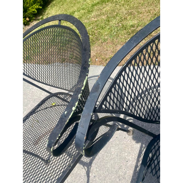 Mid 20th Century Wrought Iron Russell Woodard Pinecrest Barrel Back Mesh Pair of Chairs For Sale - Image 12 of 12