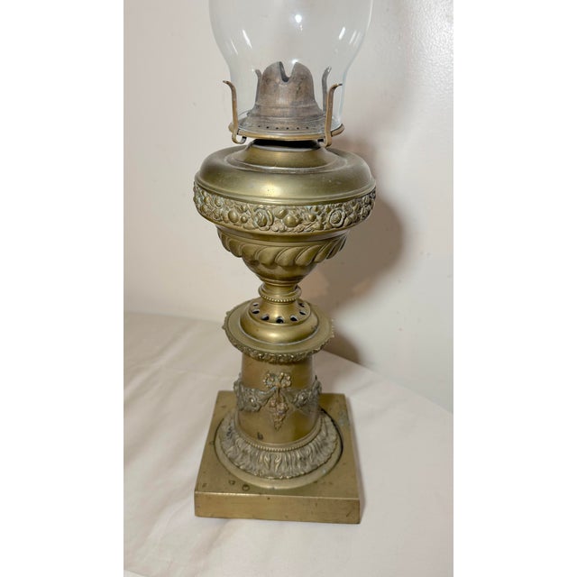 Antique 19th Century Victorian Ornate Gilt Bronze Glass Astral Oil Table Lamp For Sale - Image 4 of 14