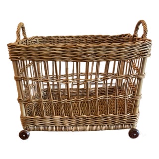 Large Vintage Hand Woven Rattan Wicker Basket on Wheels European Style For Sale