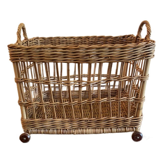 Large Vintage Hand Woven Rattan Wicker Basket on Wheels European Style For Sale