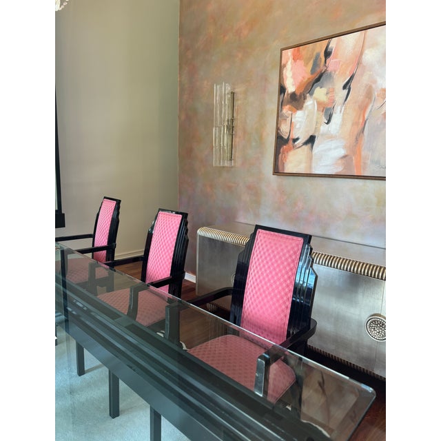 Exceptional set of eight vintage Art Deco dining chairs, dating to the 1930s–1940s, featuring dramatic stepped silhouettes...