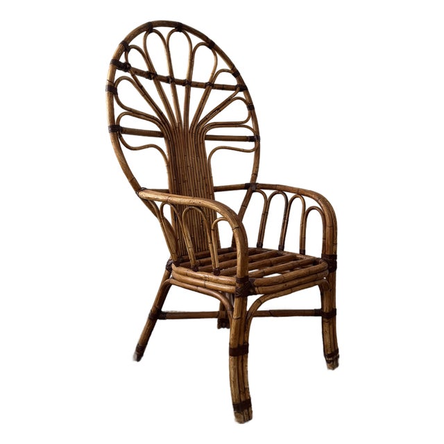 1970s Philippine Peacock Fan-Back Rattan Chair — Vintage Bohemian Statement Chair For Sale