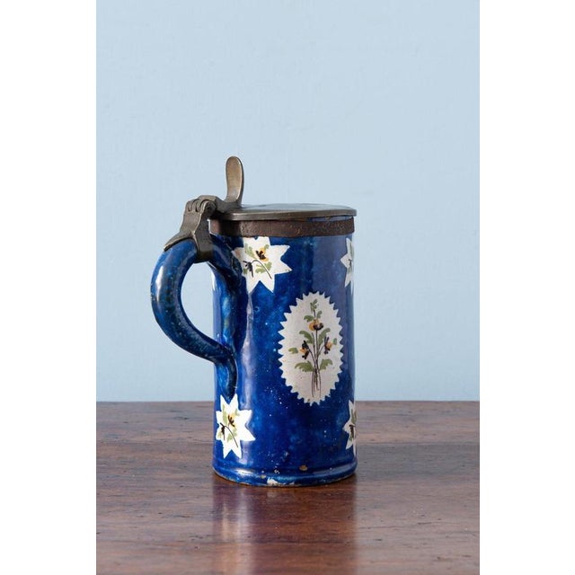 Antique Blue Floral Pewter-Mounted Beer Stein from Brussels Faience, 1800s For Sale - Image 4 of 12