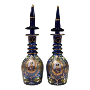 19th Century Bohemian Moser Persian Market Gilt Glass Decanters - a Pair