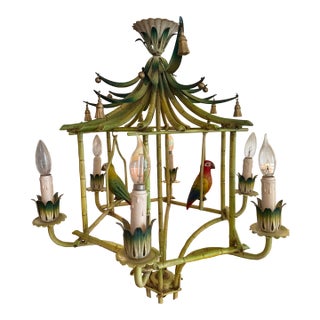 Mid-20th Century Coastal Chinoiserie Regency Pagoda Tole Faux Bamboo Chandelier For Sale
