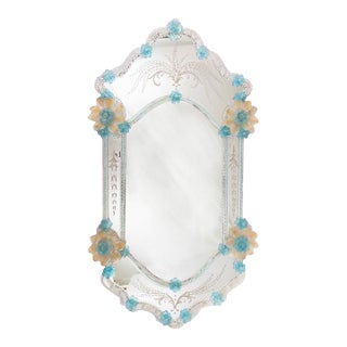 49-Inch Mid-Century Venetian/Murano Mirror With Turquoise Gold Infused Flowers For Sale