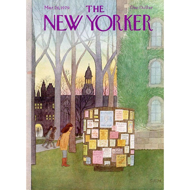 Original vintage New Yorker magazine cover dated March 26, 1979 featuring a College theme. Based on an illustration by...