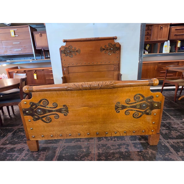 Antique 1880s Victorian Arts & Crafts Queen Golden Oak Hand Carved Original Art Nouveau Metalwork For Sale In San Diego - Image 6 of 17