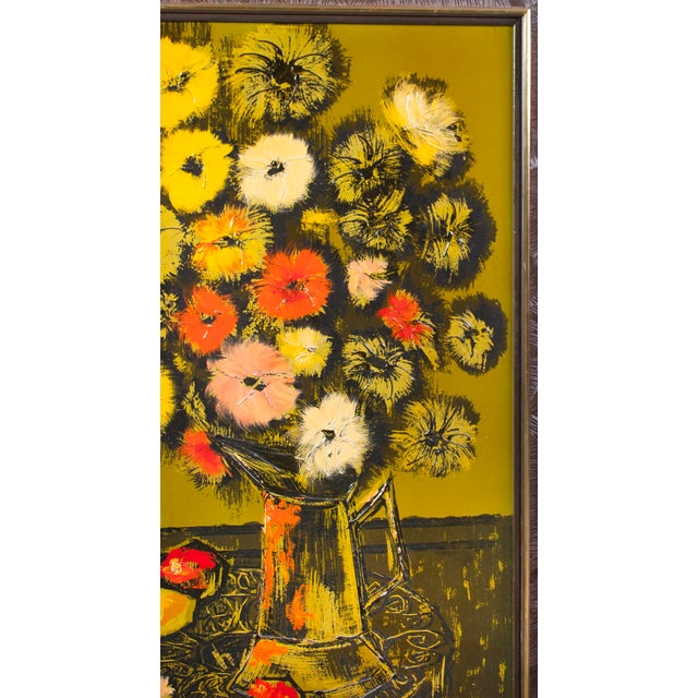 Mid-Century Modern Midcentury Floral Still Life Mixed Media on Board Vase of Zinnias Framed Signed Janss For Sale - Image 3 of 11