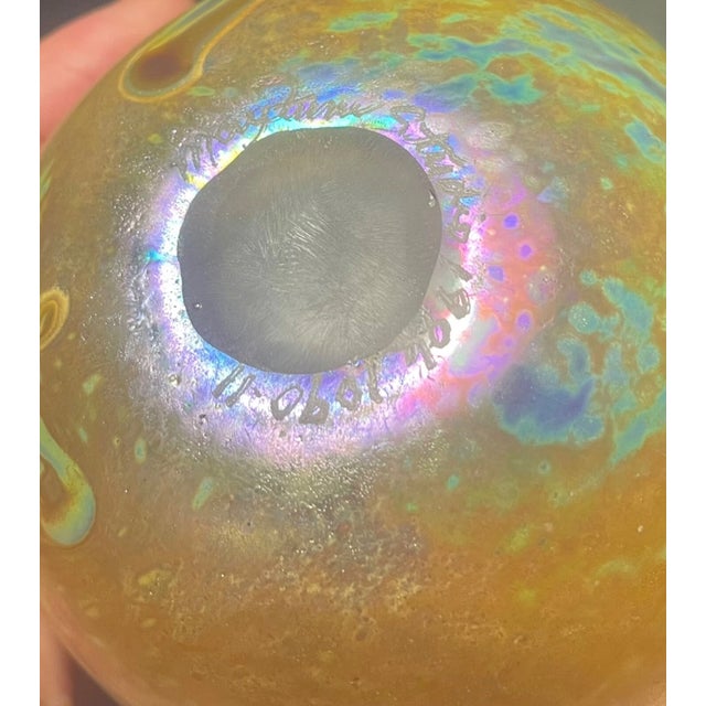 Hand Blown Maytum Studio Art Glass Iridescent Aurene Egg Shaped Bud Vase 1986 For Sale - Image 11 of 12