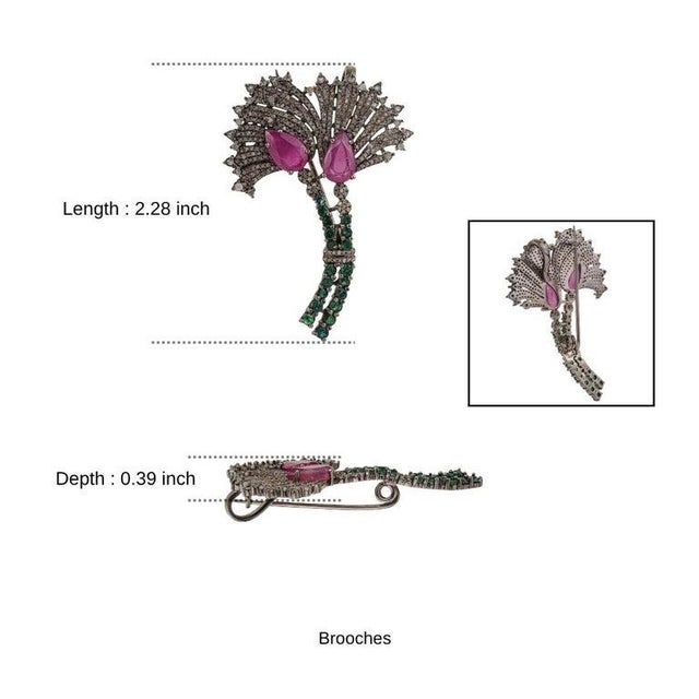 Art Deco Inspired Ruby, Emerald & Diamond Oxidised Brooch Pendant in Silver For Sale - Image 11 of 13