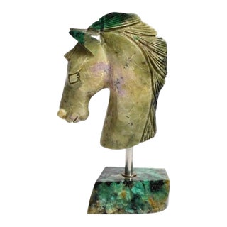 Gemstone Emerald Horse Bust Sculpture Full Emerald Base Hand Carved For Sale